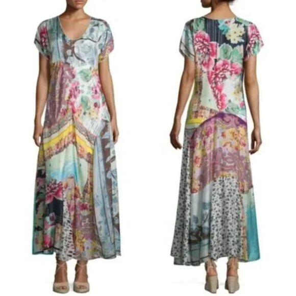 💕JOHNNY WAS💕 Tropic Georgette 100% Silk Maxi Dress ~ Patchwork Print 2X NWT - Picture 9 of 16